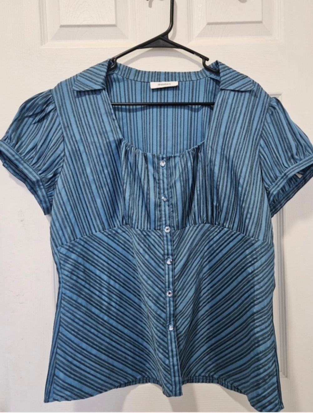 Dress Barn Blue Striped Button-Up Puff Sleeve Blouse